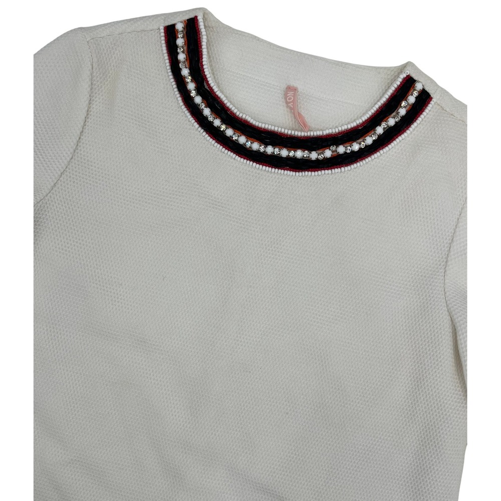 No Ka'Oi Yoga & Life Cream Textured Beaded Neckline Cropped 3/4 Sleeve Top Sz 2